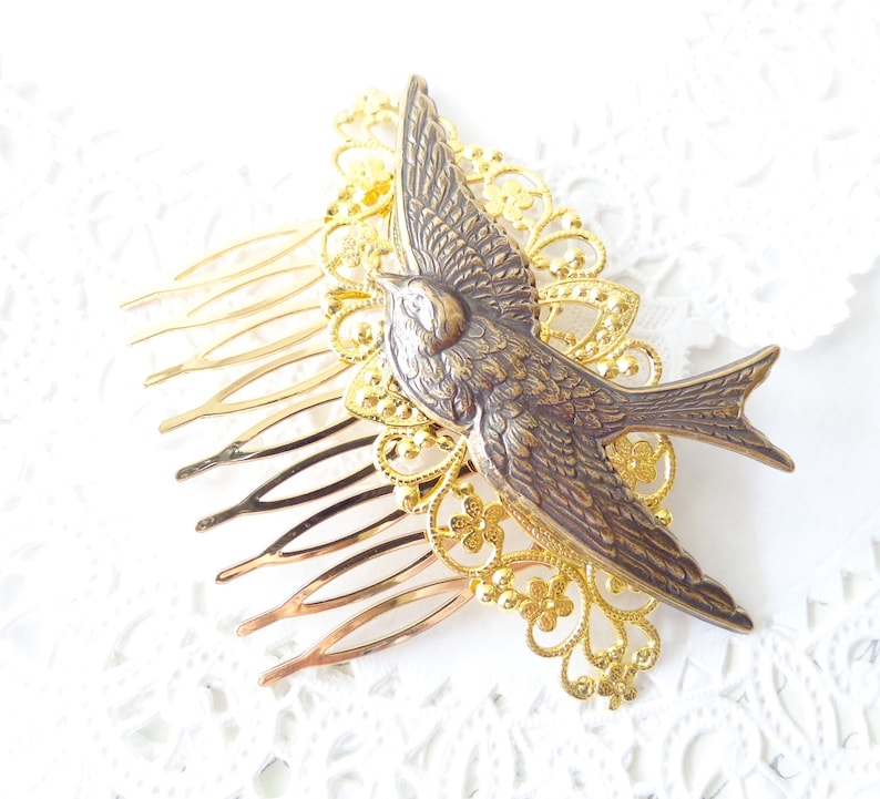 Gold Flying Sparrow Hair Comb Flying Swallow Hair Comb Ox Brass Bird Hair Comb Woodland Hair Comb Bridal Sparrow Hair Comb image 1