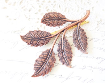 Rosy Copper Leaf Branch Hair Pin - Copper Leaf Branch Bobby Pin - Woodland Leaf Hair Pin - Wedding Hair Pin - Bridal Leaf Branch Hair Pin