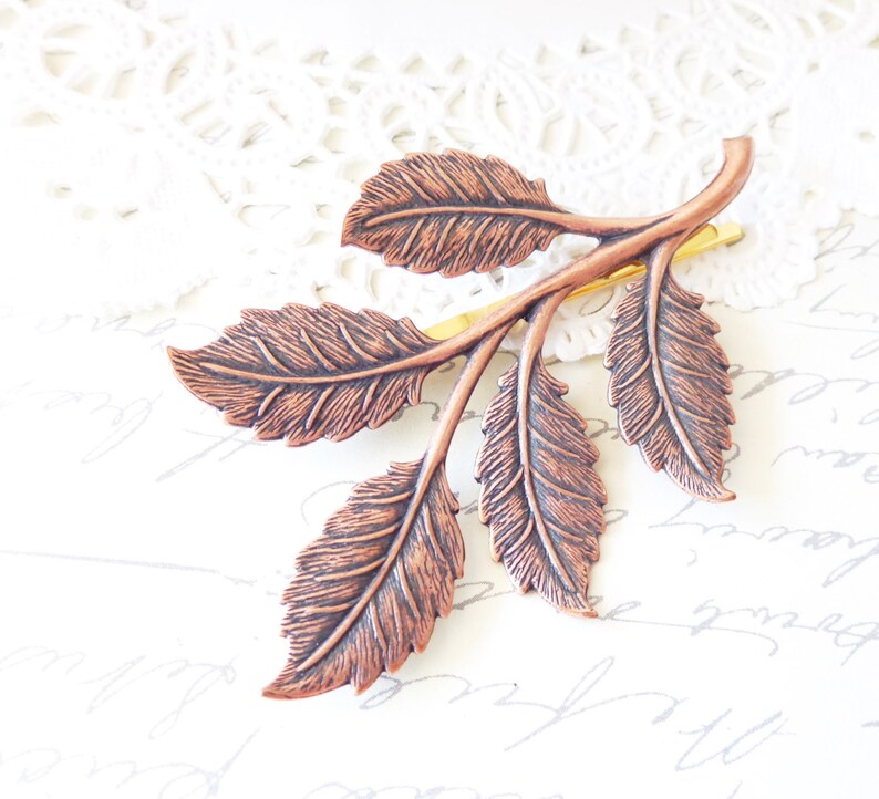 Rosy Copper Leaf Branch Hair Pin Copper Leaf Branch Bobby Pin Woodland Leaf Hair Pin Wedding Hair Pin Bridal Leaf Branch Hair Pin imagen 1