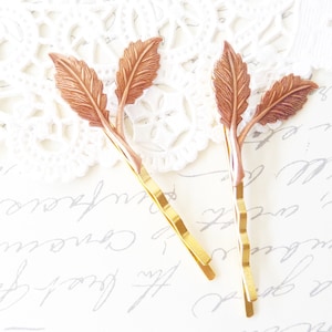 Rose Gold Leaf Branch Bobby Pin Set - Leaf Branch Bobby Pins - Woodland Leaf Hair Pins - Wedding Hair Accessory - Bridal Hair Pins