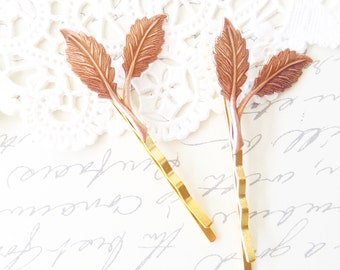 Rose Gold Leaf Branch Bobby Pin Set - Leaf Branch Bobby Pins - Woodland Leaf Hair Pins - Wedding Hair Accessory - Bridal Hair Pins