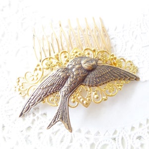 Gold Flying Sparrow Hair Comb Flying Swallow Hair Comb Ox Brass Bird Hair Comb Woodland Hair Comb Bridal Sparrow Hair Comb image 4