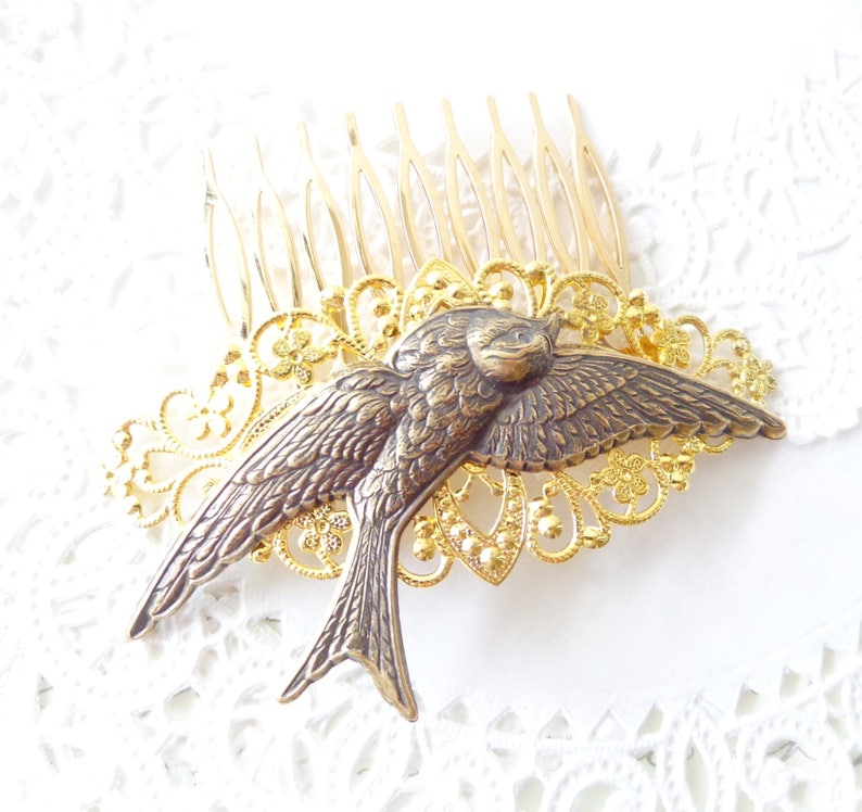 Gold Flying Sparrow Hair Comb Flying Swallow Hair Comb Ox Brass Bird Hair Comb Woodland Hair Comb Bridal Sparrow Hair Comb image 4