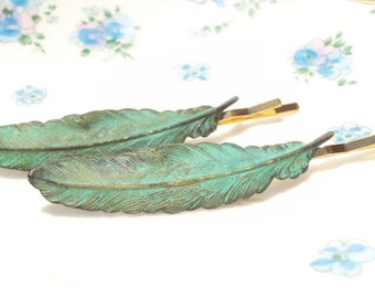 Verdigris Feather Hair Pins - Bobby Pin - Woodland Collection - Whimsical - Bridal