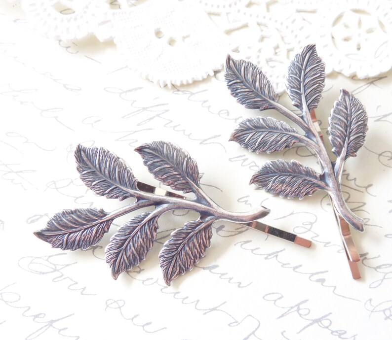 Sterling Silver Plated Leaf Branch Bobby Pin Set Woodland Leaf Hair Pins Wedding Leaf Branch Hair Accessory Bridal Hair Pins image 2