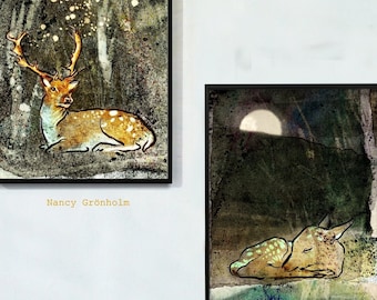 Sleeping Forest. Set of deer illustrations. Animal art.