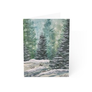 Set di 10 biglietti d'auguri da pittura ad acquerello originale, scena invernale, eterea