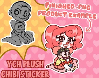 May include: A digital illustration featuring a cartoon character with pink hair and a clown-like face, holding a smaller character. The image includes text that reads "FINISHED .PNG PRODUCT EXAMPLE" and "YCH PLUSH CHIBI STICKER."