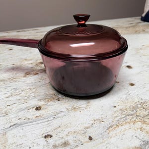 May include: A translucent plum-colored glass saucepan with a matching lid. The pot features a long, integrated glass handle extending from the side, and the circular lid includes a small, central knob with a subtle, radiating sunburst pattern.