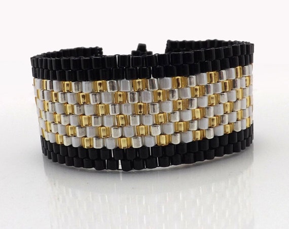 Peyote Stitch Bracelet-Black, White, Gold, Silver beads-Cuff style 7 inches long SKU: BR1009