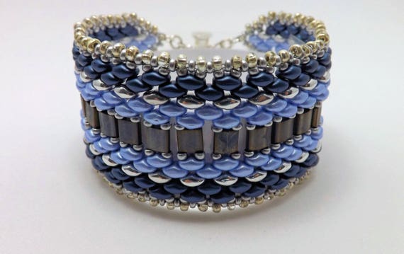 Cuff Style Bracelet in Blue & Black with Silver Bead Edging SKU BR1031