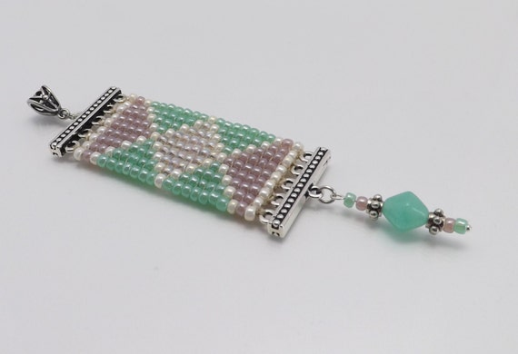 Seed Beaded Pendant - Light green/Lavender seed beads-4 inches long SKU: PEN1001