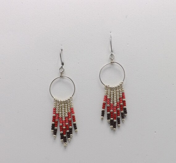 Beaded Dangle Earrings in a Chevron Design using Shades of Red Seed Beads - SKU: ER1003