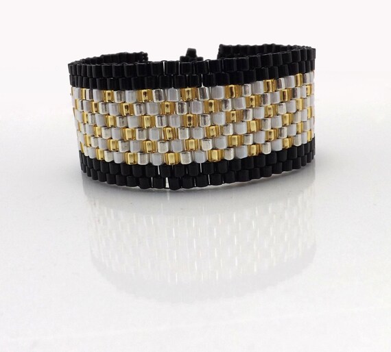 Peyote Stitch Bracelet-Black, White, Gold, Silver beads-Cuff style 7 inches long SKU: BR1009