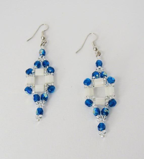 Teal Blue & White Stitch Beaded Earrings Sku: ER1040