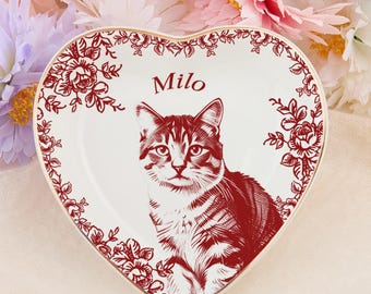Custom Pet Portrait Jewelry Dish, Toile De Jouy Ceramic Dish, Dog Cat Mom Gift