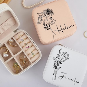 Personalisierte Geburt Blumen Schmuckschatulle: Schmuckschatulle mit Gravur Name, Brautparty Geschenke, Brautjungfer Geschenk