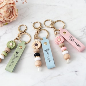 Porte-clés marguerite en perles, Porte-clés en cuir avec prénom personnalisé, Cadeau de rentrée scolaire, Cadeaux pour professeur