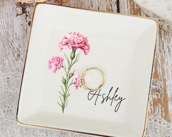 Gepersonaliseerde geboorte bloem ring schotel, aangepaste naam keramische sieraden schotel, bruiloft bruidsmeisje cadeau, verjaardag sieraden schotel, cadeau voor moeder