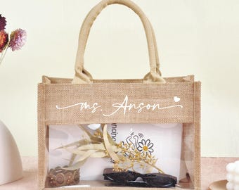 Personalized Burlap Tote Bag, Custom Name Beach Bag, Bridesmaid Favor