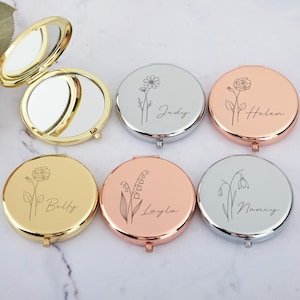 Personalized Compact Mirror, Birth Flower Pocket Mirror, Engraved Mirror Gift for Women, Bridal Shower Gifts, Wedding Gifts, Gift for Mother
