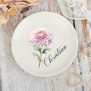 Birth Flower Trinket Dish, Custom Name Ring Dish, Watercolor Birth Flower Jewelry Dish, Jewelry Dish Gift for Her, Wedding Bridesmaid Gift