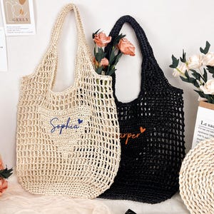 Custom Initials Handle Bag, Raffia Beach Tote Bag, Embroidery Beach Bag, Bachelorette Party Gift Bags, Beach Straw Bag, Beach Wedding Gift