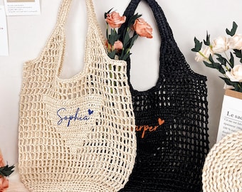 Embroidered Raffia Beach Tote Bag: Custom Initial Handle, Beach Straw Shoulder