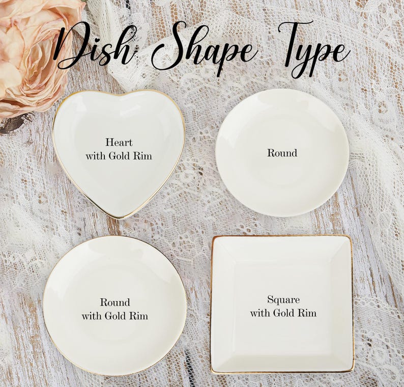 May include: An image showcasing four white ceramic dishes in different shapes: heart, round, and square. Each dish has a gold rim and is labeled with its shape. The text "Dish Shape Type" is at the top.
