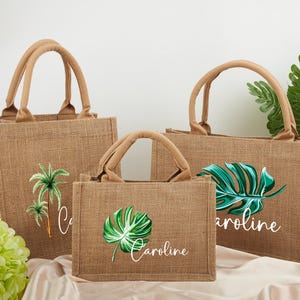 Cabas personnalisé en feuille de palmier, Sac de plage en toile de jute, Sacs fourre-tout de mariage palmiers, Sacs d'enterrement de vie de jeune fille ou de jeune garçon, Sacs cadeaux tropicaux, Sac de mariage sur l'île