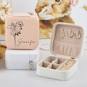 Portagioie da viaggio, portagioie personalizzato con fiori di nascita, regalo per damigella d'onore, regali per la festa nuziale, bomboniere, proposta di matrimonio per damigella d'onore
