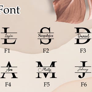Pode incluir: Seis estilos de fonte diferentes para nomes personalizados, cada um com uma linha horizontal no meio. Os nomes s&atilde;o Layla, Sophia, Daniel, Ava, Molly e Johnny. As fontes s&atilde;o etiquetadas de F1 a F6.