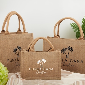 Personalisierte Jute-Taschen, Jute-Tasche mit Kokosnussbaum, Hochzeit Willkommens-Tasche, Strand-Jute-Geschenk für sie, Brautjungfer-Geschenke Tasche, Jute-Reisetasche