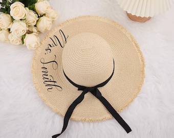 Personalized Floppy Straw Beach Hat, Bride Gift