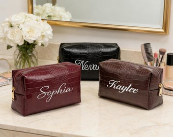 Personalized Embroidered Croc Cosmetic Bag, Faux Leather Travel Pouch, Travel Accessory Gift, Bridesmaid Gifts