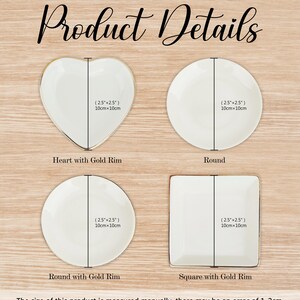 May include: Four white ceramic dishes with gold rims in heart, round, and square shapes. Each dish is approximately 2.5 inches by 2.5 inches. The image includes the text "Product Details".