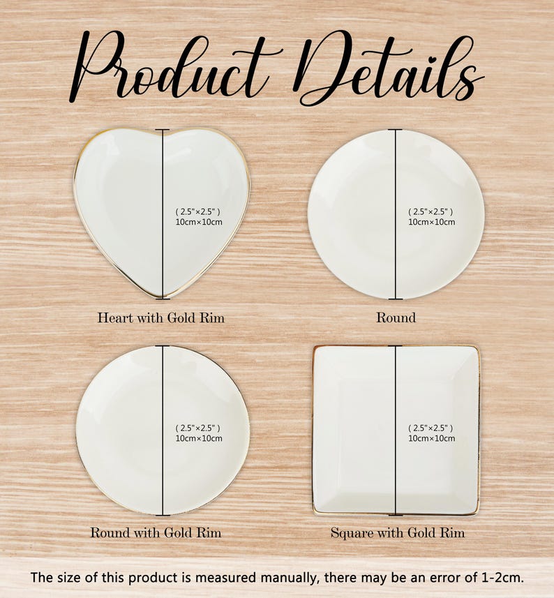 May include: Four white ceramic dishes with gold rims in heart, round, and square shapes. Each dish is approximately 2.5 inches by 2.5 inches. The image includes the text "Product Details".