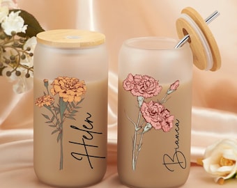 Copo de café gelado personalizado com flor de nascimento, copo de vidro fosco, presente para o Dia das Mães, lembrancinha de festa