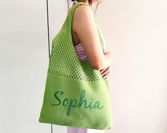 Embroidered Knit Tote Bag: Custom Crochet Beach Bag, Gift for Girls Trip