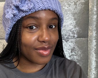 Lilac crocheted beanie made with a 100% cotton yarn.