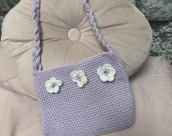 Crochet purple bag with flowers handmade perfect for kids