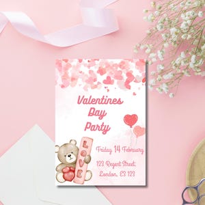 Fiesta del día de San Valentín, tarjeta editable para fiesta del día de San Valentín, invitación rosa, plantilla de Canva para descarga digital