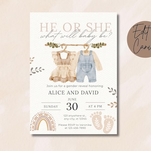 Boho Gender Reveal Invitation: Neutral Baby Shower, Editable Canva Template (5x7 inches, Digital Download