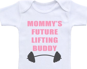 Mommy's Future Lifting Buddy workout Onesie® workout buddy shirt. Baby shower gifts. Workout baby shirt. Funny baby bodysuit