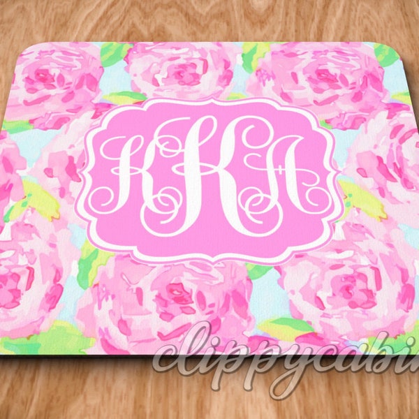 Monogram Mouse Pad Monogram Mousepad Roses Mousepad Custom Mousepad Personalized Mouse Pad Monogram Gift Pink Roses Floral Mouse Pad Flowers