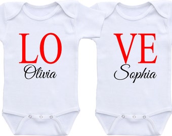 Personalized Twins LOVE Onesies® brand Gerber Onesie Bodysuit. Baby shower gift, TWINS SET, Twins shirt