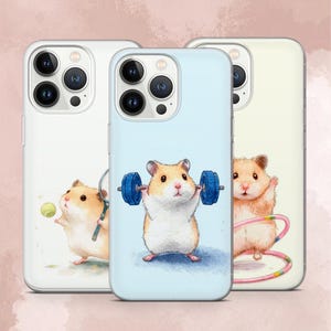 May include: Three phone cases with hamster illustrations. One case is white with a hamster playing tennis, another is light blue with a hamster lifting weights, and the third is light yellow with a hamster and a jump rope.
