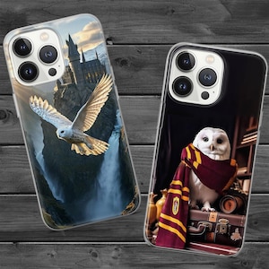 May include: Two phone cases featuring imagery from a fantasy series. One case shows a white owl in flight with a castle and waterfall background. The other case displays a white owl wearing a scarf, sitting on a suitcase.