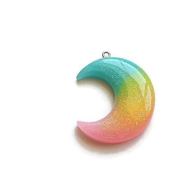 Crescent Moon Glitter Pendant Blue/Teal Yellow Pink Resin (1)