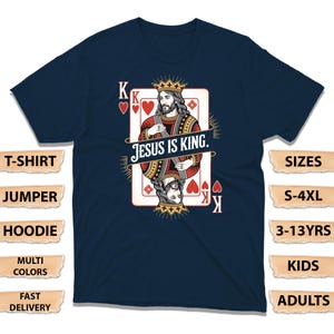 Herzkönig Jesus T-Shirt, Jesus ist König Spielkarte Stil mit Kronenpullover, christlicher Glaube Hoodie, religiöses Karteninspiriertes T-Shirt